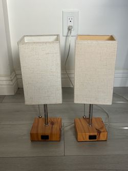 Set of 2 Table Lamps with Wood Base
