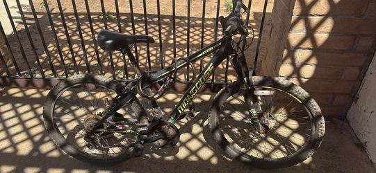 mountain bike $25-$30. has no breaks, needs a new back tube, stuck in one gear.