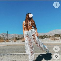 white fringe flair 100% Mexican pants & top set