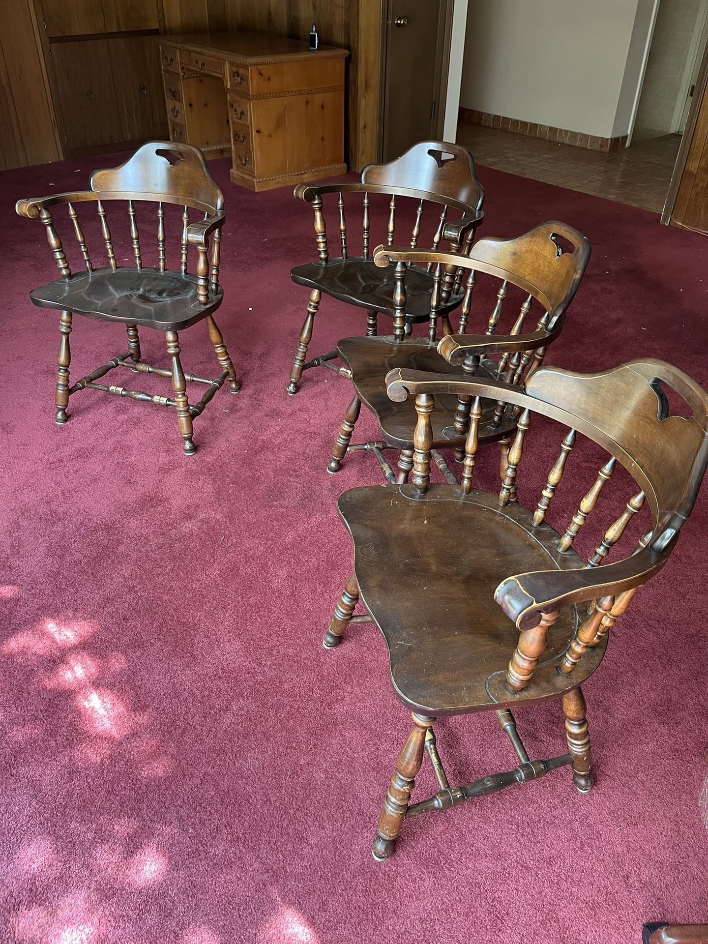 Set of 4 S. Bent Bros. Solid Hard Rock Maple Colonial Pub Style Dining Arm Chairs