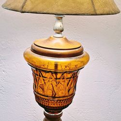 Vintage Mcm Amber Glass Table Lamp Unique Pattern