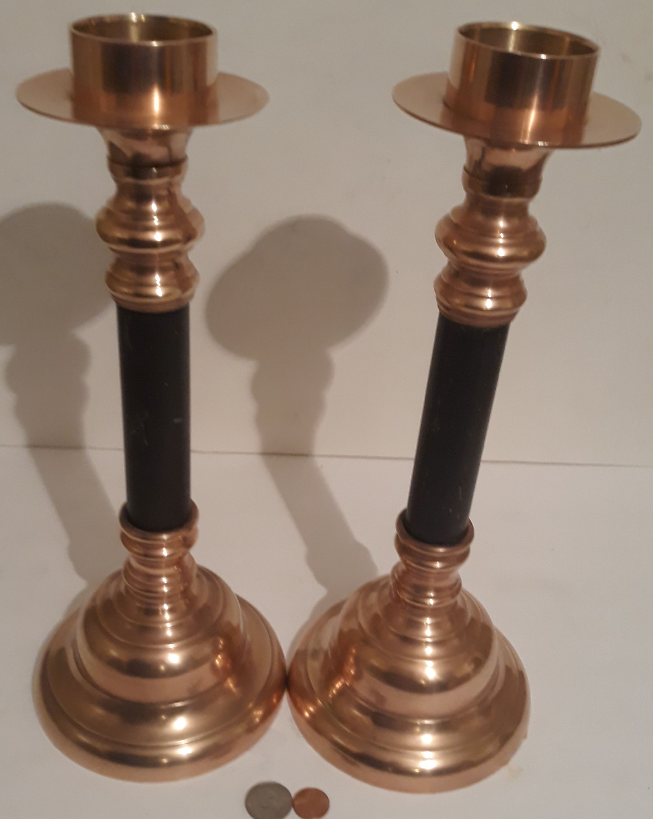 Vintage Metal Brass Set of 2 Candlestick Holders, 14" Tall and 5 1/2" Base Size, Holds 2" Candles, Table Display, Home Decor, Shelf Display