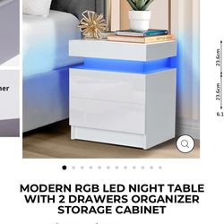 MODERN RGB LED NIGHT TABLE WITH 2 DRAWERS ORGANIZER STORAGE CABINET