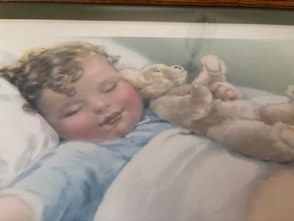 Bessie Framed Vintage Print Sleeping Child with Teddy Bear