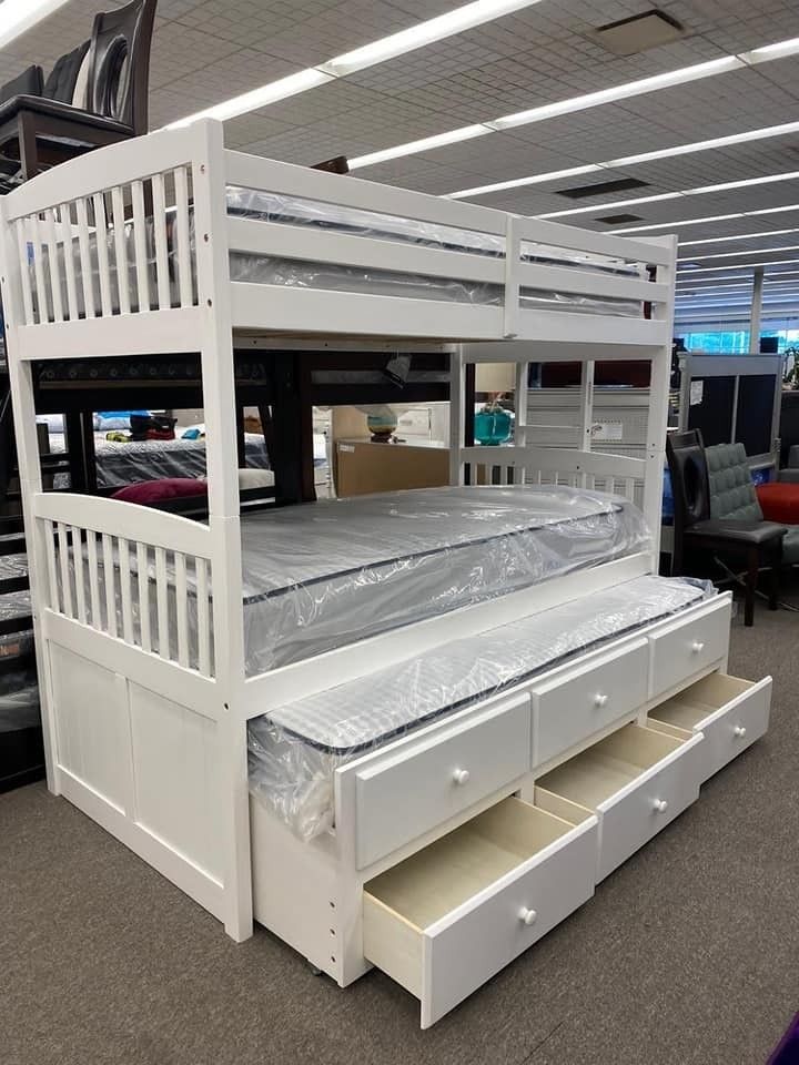 New ♠️$10 Down Payment Finance ▪️▪️🎯Micah White Twin/Twin Bunk Bed With Trundle