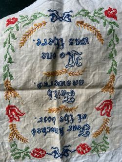 Four vintage samplers plus dresser cover from 1940s