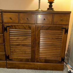 Vintage Ethan Allen maple finish legal size filing cabinet with top drawer and shelf 