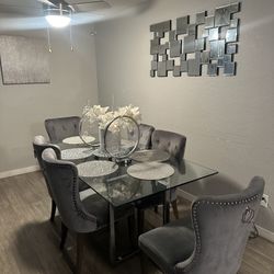 Glass Dining Table Set With Velvet Chairs 