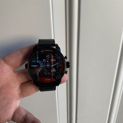 Diesel Mens Black Leather Dual Time Chronograph Watch