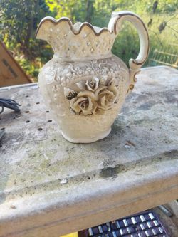 Vintage Porcelain Floral Pitcher – Applied Roses & Lattice Design