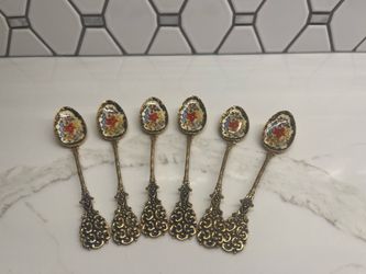 Vintage enamel tea spoons floral decorative set of 6