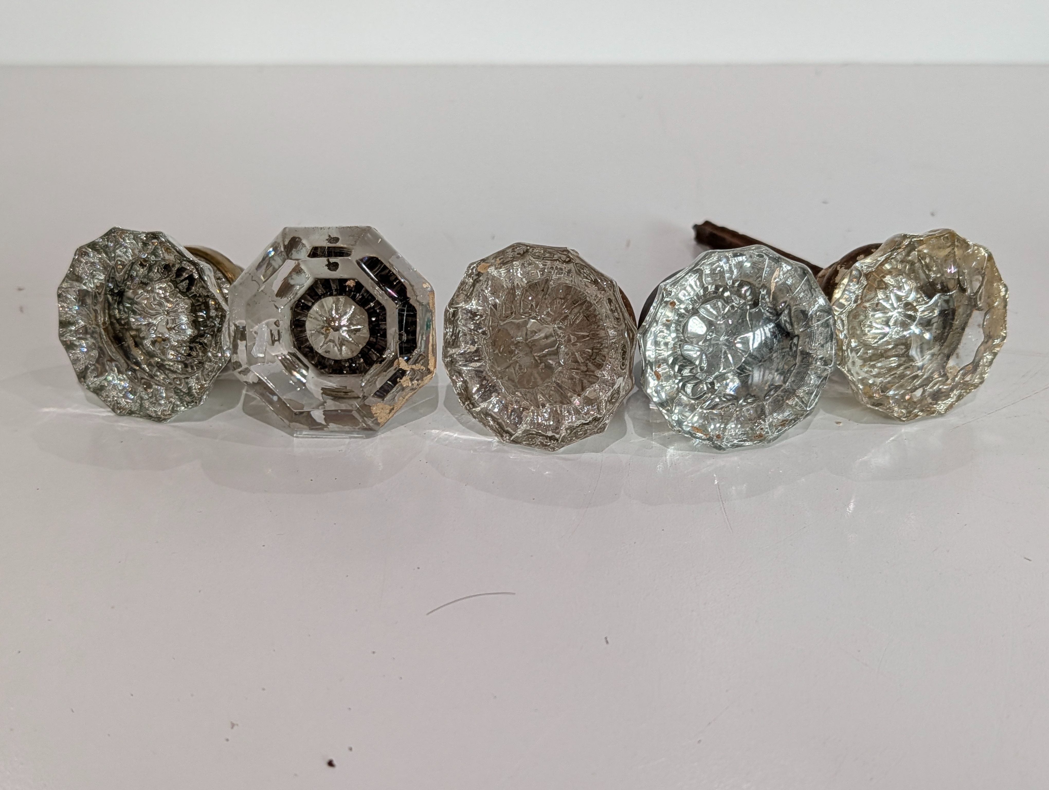 Vintage Set Of 5 Glass Door Knobs Mixed Cut Crystal Antique Hardware Lot
