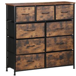 9 Drawer Dresser, Fabric Storage Tower for Bedroom, Tall Chest Organizer Unit for Hallway, Entryway, Closet, Steel Frame, Wood Top Rustic Brown
