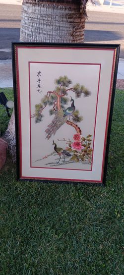 Framed Chinese Silk Embroidery Peacock Art