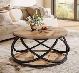 31.5” Brown Round Wood Coffee Table with Metal Frame, 2-Tier Living Room Accent Center Table