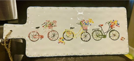 Tag Bike Rider Fired Pottery Cheese charcuterie, Platter! Heavy 2.11 Pounds. 16” x 6-1/4”