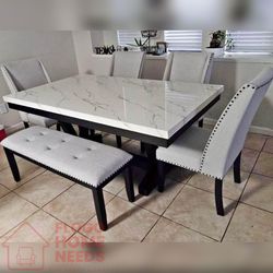 6- Pieces Gray color fabric Top Marble Dining Set