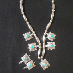 Turquoise And Silver Turtle Fetish Necklace W/matching Earrings