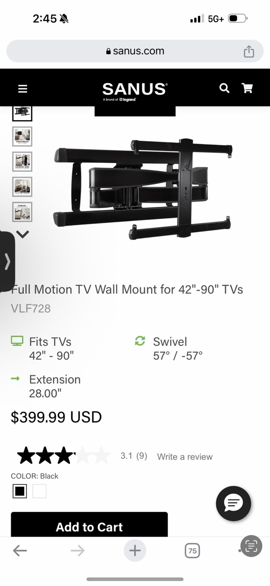 SANUS Elite - Advanced Full-Motion TV Wall Mount for Most 42"-90" TVs up to 125 Ibs - Tilts, Swivels, and Extends up to 28" From Wall - Black Brushed