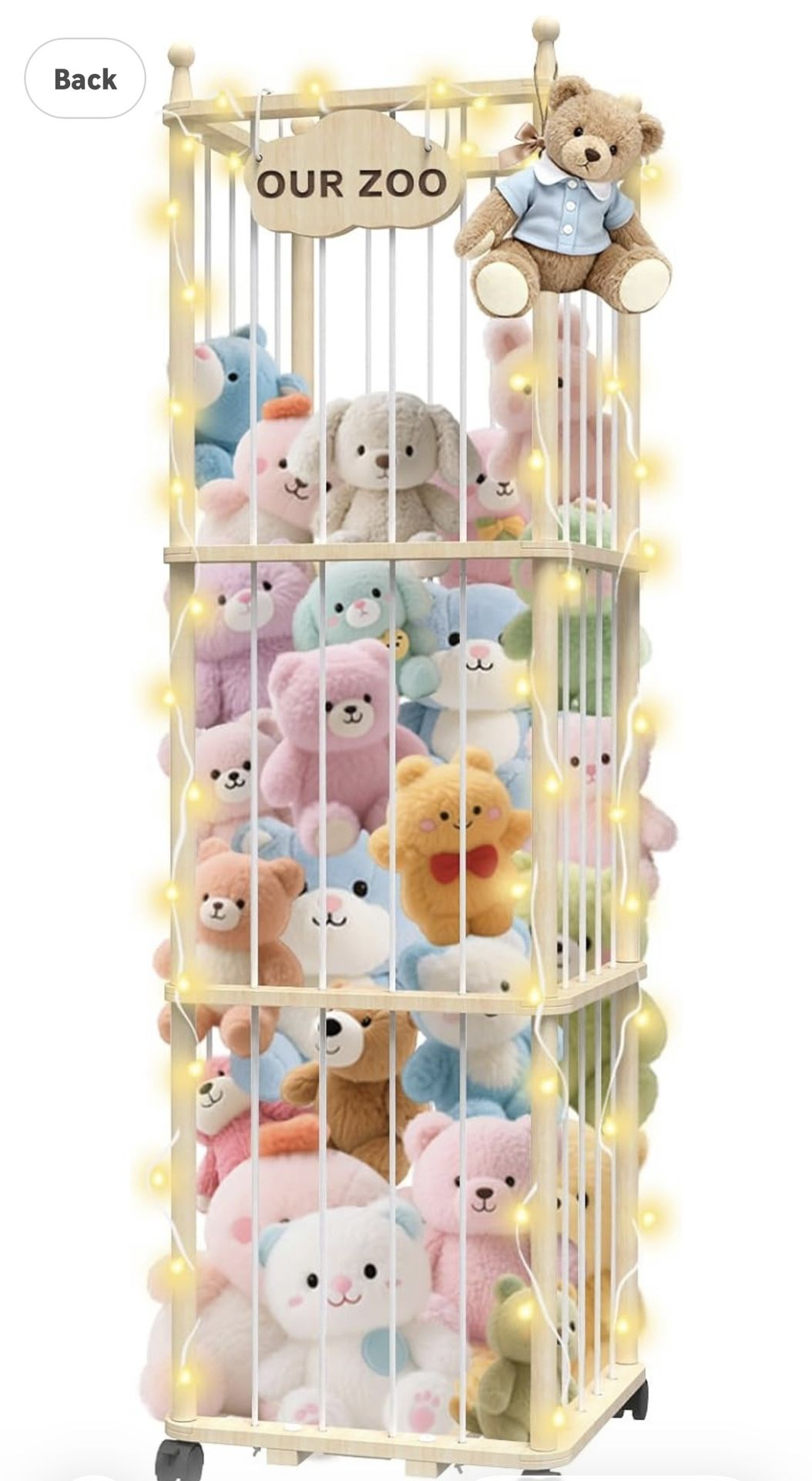 Brand New Stuffed Animal Storage with Warm Light, Wooden Stuffed Animal Holder with Brake Wheels