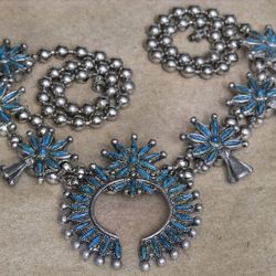 Silver-tone Turquoise Squash Blossom Necklace 15"