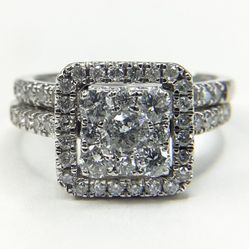 14K White Gold Double Halo Diamond Bridal Set Size 7 