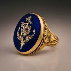 Men's Vintage Blue Enamel Sterling Silver Filled Antique Gold Ring - Size 10