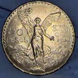 Mexico Gold 50 Pesos Coin 1947 Mexican Centenaro Real Charm Oro Centenario