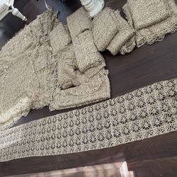 22 - Champagne Swirl Sequin Lace Tablecloth / Overlay and 2 - Runners