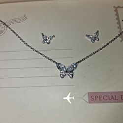 FINE SILVER PLATED BUTTERFLY CHAIN AND EARRINGS.