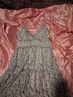 white and blue floral dress