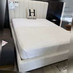 White Boucle fabric platform Queen bed frame