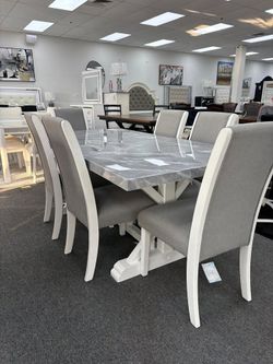 Rich look White/Grey Marble look dining set w/Crossed leg base