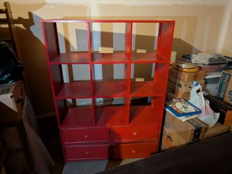Bold Red Kitchen Storage Unit / Open 9-Cube Pantry Shelf & Drawers