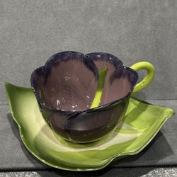 Mustardseed & Moonshine Porcelain Petal Flower Cup with Shaped Green Leaf