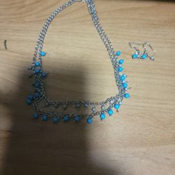 Light Blue Beaded Necklace And Earring Set 