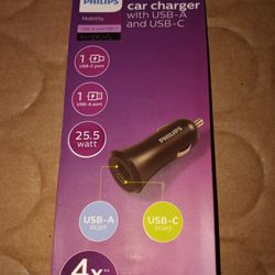 Brand New Phillips Car Charger With USB C And USB Port
