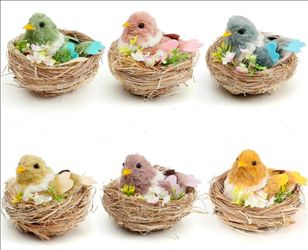 Set of 6 Sisal Bird Nest Easter Decor, Multicolor Birds Nest Figurines for Spring Home Decor, Lifelike Bird Figurine w Flowers in Nests as Easter Deco