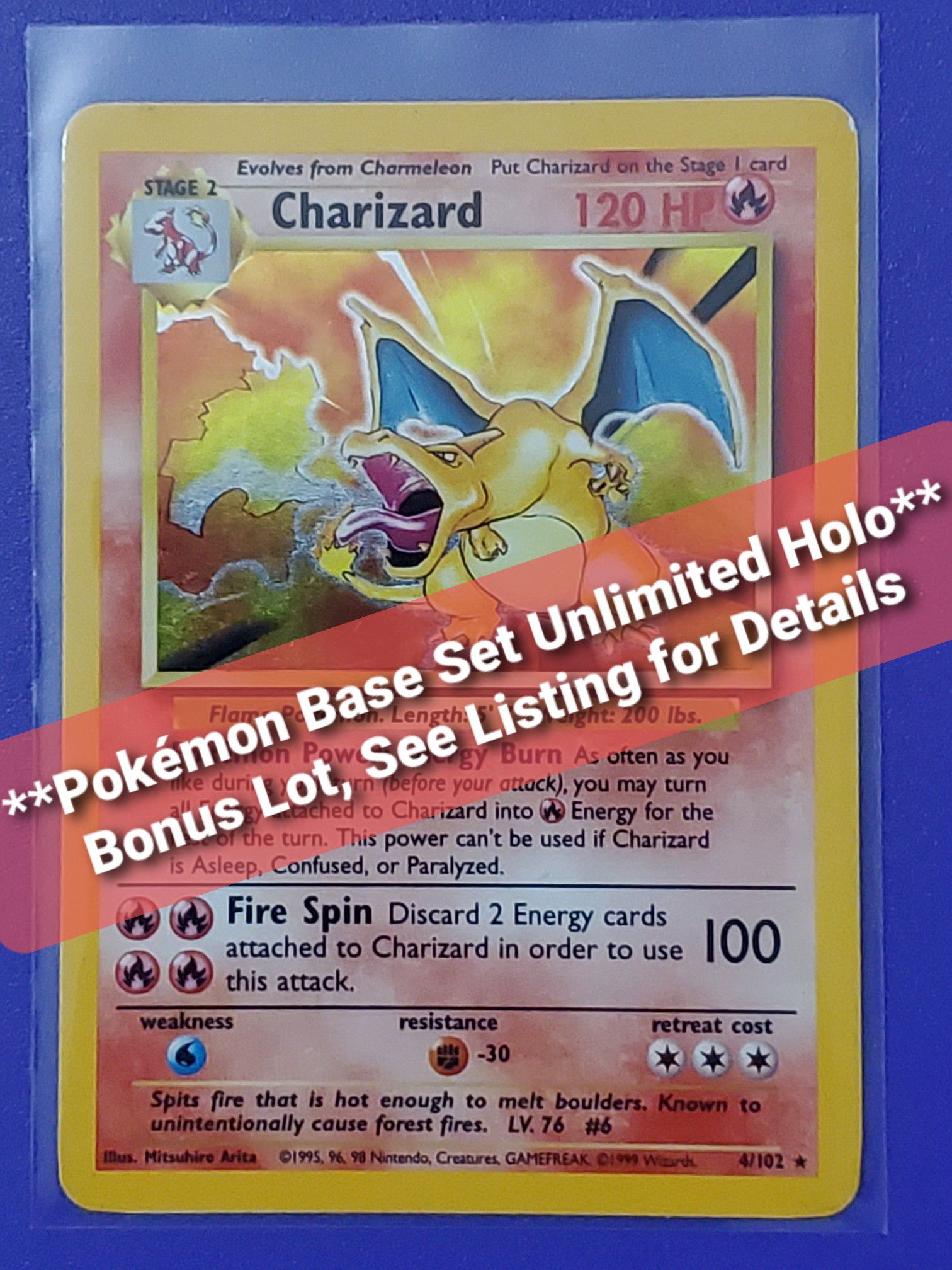 Pokemon: Charizard Base Set Unlimited #4 FN-VF + 20 Card Collector's Lot!!
