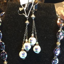 Classy long Silver earrings / Porcelain beads with floral decoration & crystals 🌿🌼🌿