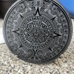 Black Obsidian Aztec Calendar & Mirror Art Piece  
