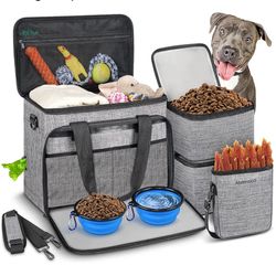 6 Set Dog Travel Bag, Large Pet Travel Kit for Supplies Includes 2 Food Containe