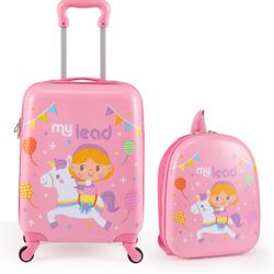 2 PCS Kids Luggage, 16” Hardside Carry On Luggage with Wheels & Hardshell Backpack, Toddler Rolling Suitcase for Boys and Girls, Airline Approved (Pon