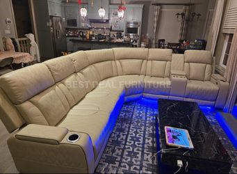 Beige power reclining sectional couch