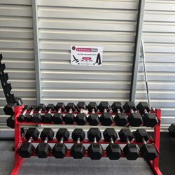 Top quality ⭐️ New pair of 5,10,15,20,25,30,35,40,45,50 rubber dumbbells + rack. All new in box $730