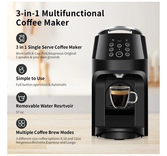 3-in-1 Coffee Maker, Coffee and Espresso Machine Combo for Nespresso, K-Cup Pod and Ground Coffee