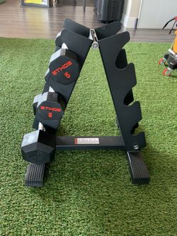 DUMBBELL RACK + (2) 5 LB DUMBBELLS + (1) 10 LB DUMBBELL NEW WORKOUT GYM EQUIPMENT