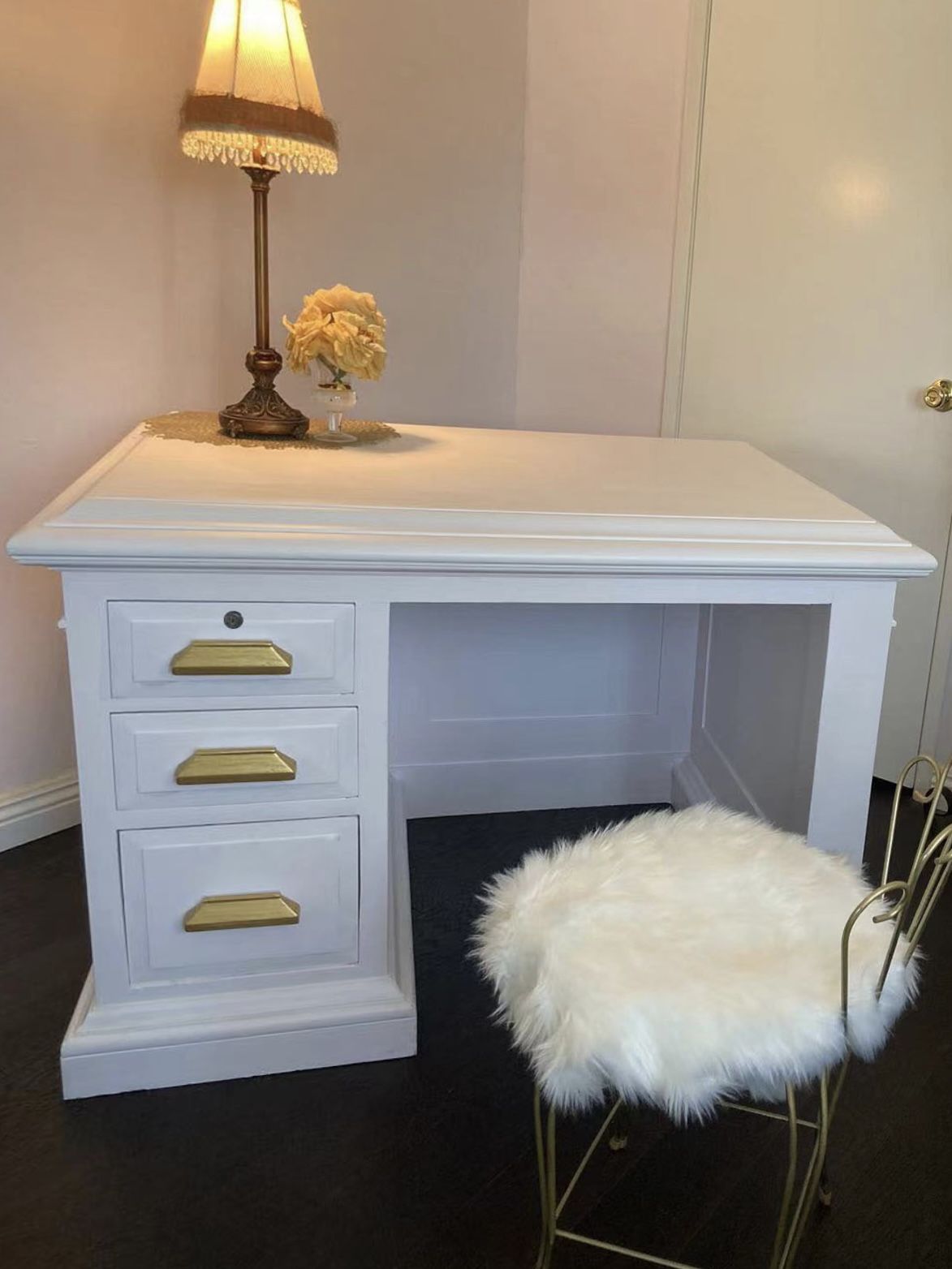 Beautiful Heavy Solid Wood White & Golden Desk