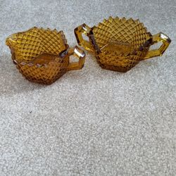 Vintage Amber Glass Diamond Point Pattern Creamer and Sugar Bowl
