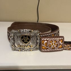 ARIAT Belt Buckle And Beautiful western leather handcrafted belt